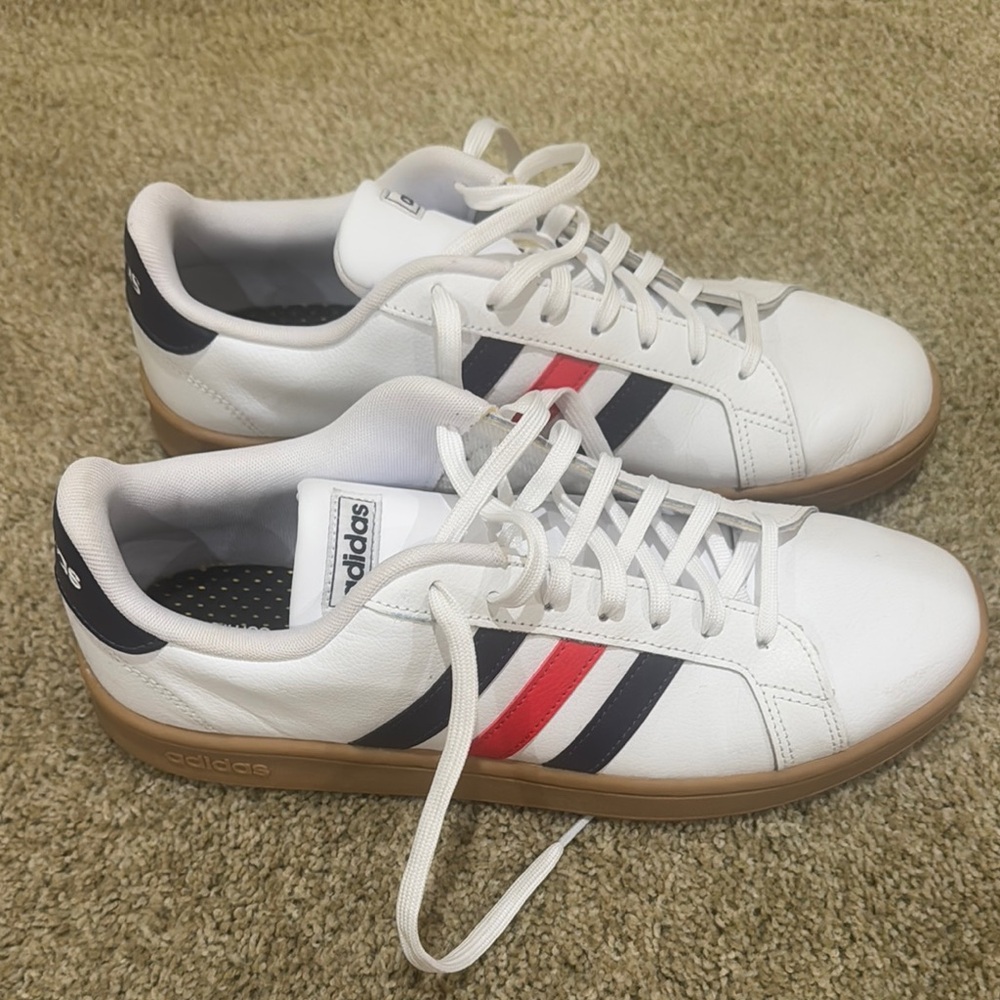 Adidas Men's White Sneakers with Navy and Red Stripes